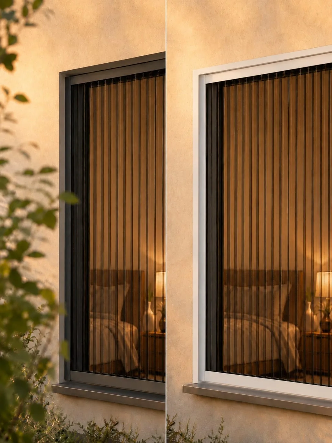 Zwei Fenster mit Plissee – anthrazit und weiß im Abendlicht