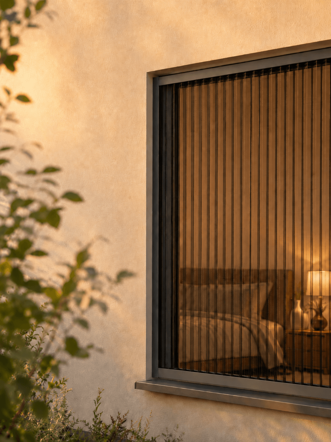 Aluminium-Plissee am Fenster im warmen Abendlicht mit Pflanzen